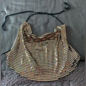 Mind Code Embellished Tank Top Camisole Backless Gold Metallic Black Large